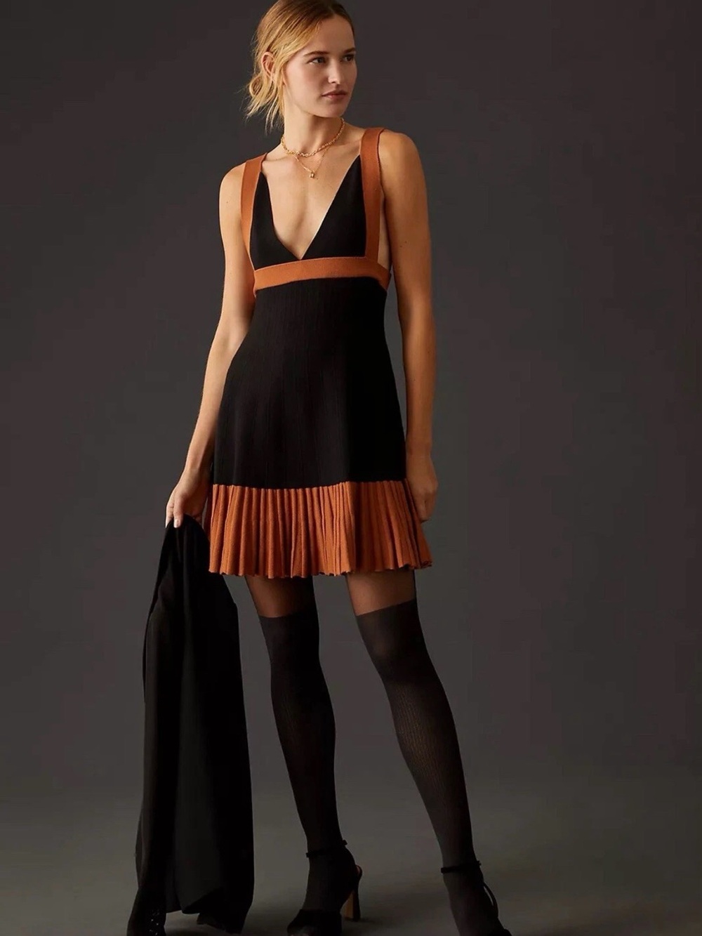 NWOT Anthropologie Black and Burnt Orange Plunging V-Neck Pleated Hem Dress - Picture 8 of 10